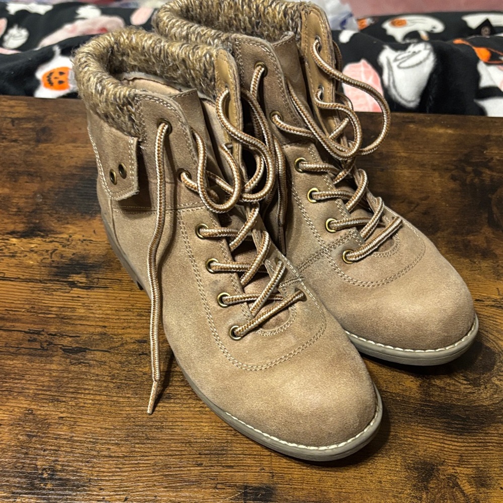 St. John's Bay Taupe Lace-Up Faux-Suede Ankle Boots with Faux-Fur Trim